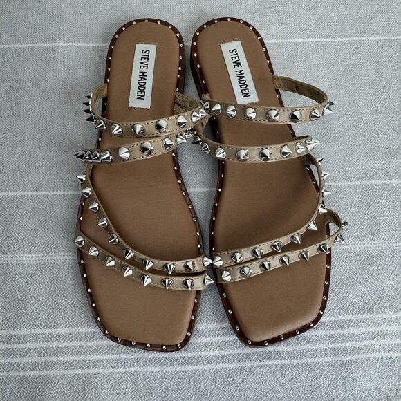 Steve Madden Skylar Slip On Studded Strappy Flat Sandal Bling Tan Silver 7.5 - Picture 8 of 11